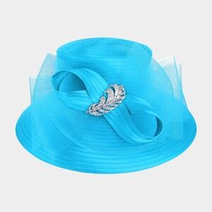 Aqua Rhinestone Feather Mesh Bow Organza Dressy Kentucky Derby Church Hat Women